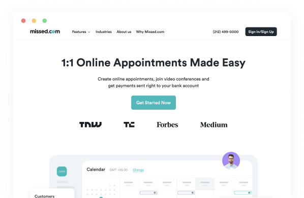 Missed.com website with heading 1:1 online appointments made easy